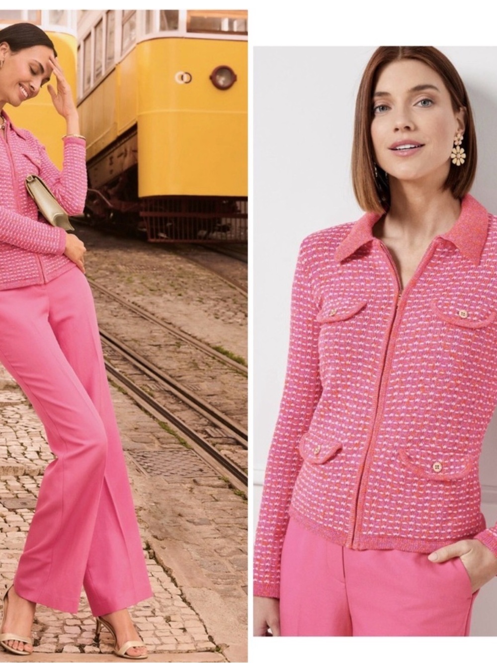Women's TALBOTS Pink Tweed Knit Zip Front Cardigan Jacket Classic Size Large L